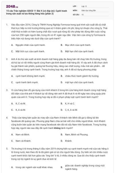 15 câu Trắc nghiệm GDCD 11 Bài 4 (có đáp án): Cạnh tranh trong sản xuất và lưu thông hàng hóa (phần 3)