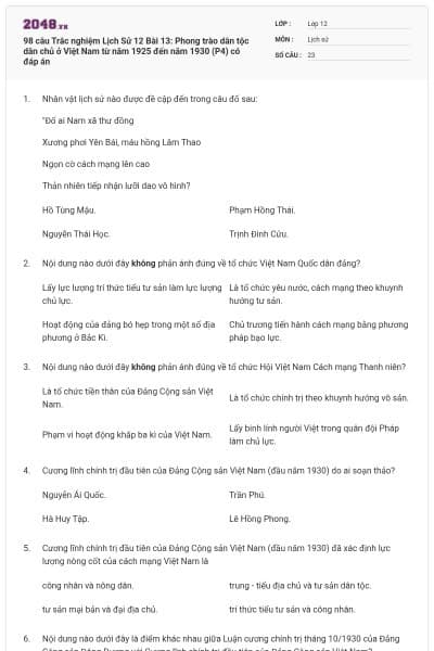 98 câu Trắc nghiệm Lịch Sử 12 Bài 13: Phong trào dân tộc dân chủ ở Việt Nam từ năm 1925 đến năm 1930 (P4) có đáp án