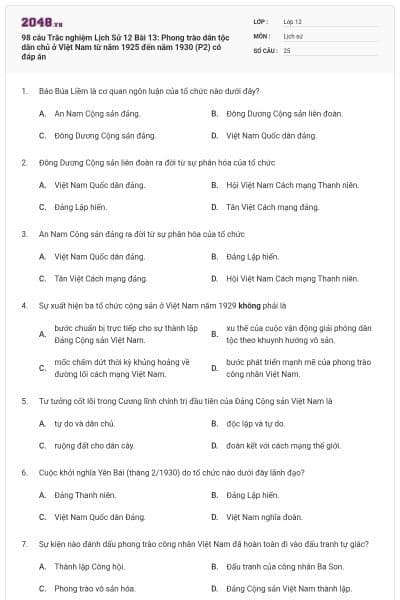 98 câu Trắc nghiệm Lịch Sử 12 Bài 13: Phong trào dân tộc dân chủ ở Việt Nam từ năm 1925 đến năm 1930 (P2) có đáp án