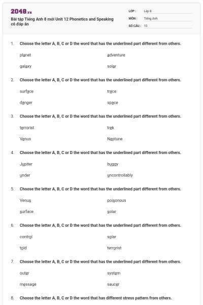 Bài tập Tiếng Anh 8 mới Unit 12 Phonetics and Speaking có đáp án