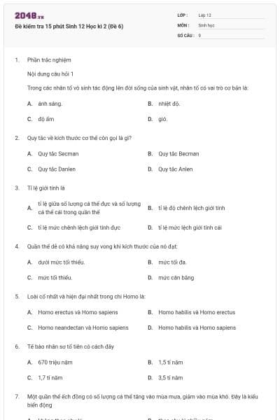 Đề kiểm tra 15 phút Sinh 12 Học kì 2 (Đề 6)