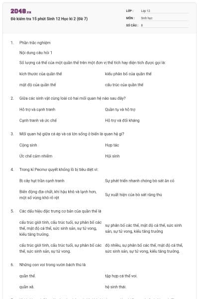 Đề kiểm tra 15 phút Sinh 12 Học kì 2 (Đề 7)