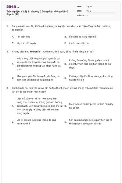 Trắc nghiệm Vật lý 11 chương 2 Dòng điện không đổi có đáp án (P6)