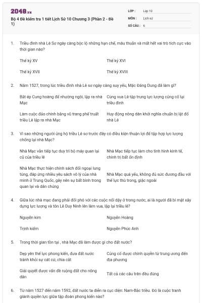 Bộ 4  Đề kiểm tra 1 tiết Lịch Sử 10 Chương 3 (Phần 2 - Đề 1)