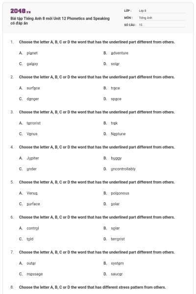 Bài tập Tiếng Anh 8 mới Unit 12 Phonetics and Speaking có đáp án