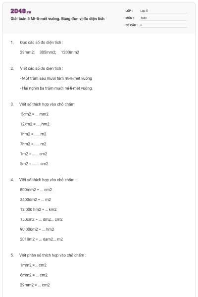 Giải toán 5 Mi-li-mét vuông. Bảng đơn vị đo diện tích