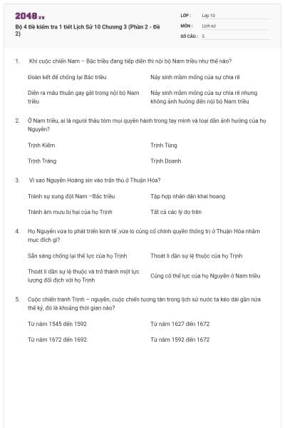 Bộ 4  Đề kiểm tra 1 tiết Lịch Sử 10 Chương 3 (Phần 2 - Đề 2)