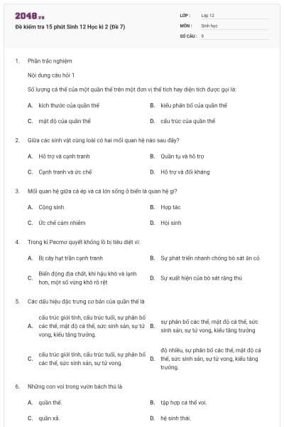 Đề kiểm tra 15 phút Sinh 12 Học kì 2 (Đề 7)