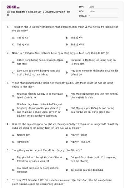 Bộ 4  Đề kiểm tra 1 tiết Lịch Sử 10 Chương 3 (Phần 2 - Đề 1)