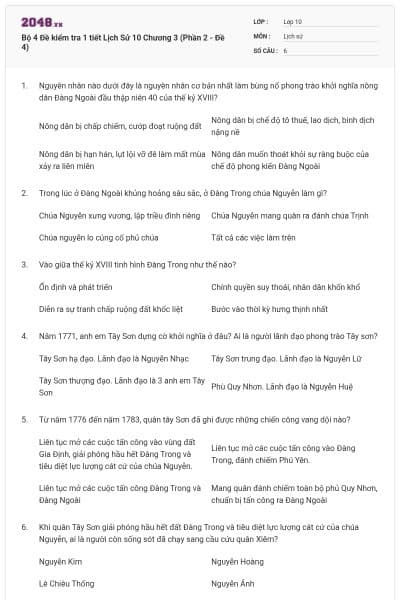Bộ 4  Đề kiểm tra 1 tiết Lịch Sử 10 Chương 3 (Phần 2 - Đề 4)