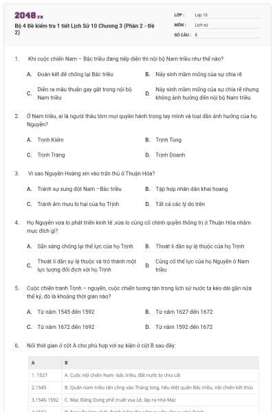 Bộ 4  Đề kiểm tra 1 tiết Lịch Sử 10 Chương 3 (Phần 2 - Đề 2)