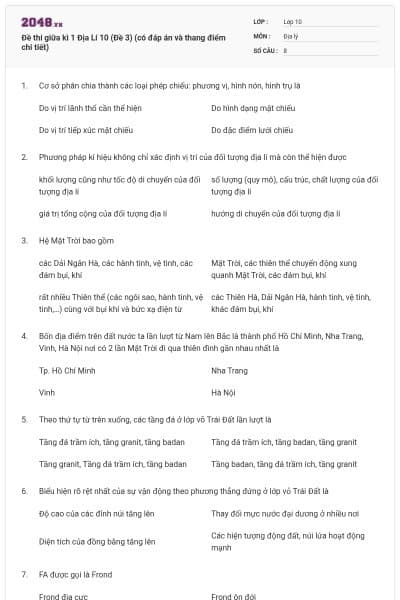 Đề thi giữa kì 1 Địa Lí 10 (Đề 3) (có đáp án và thang điểm chi tiết)