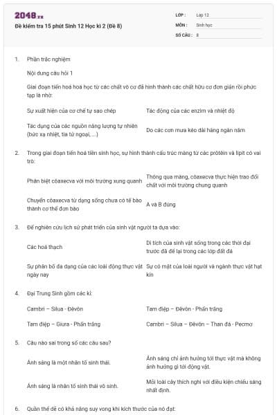 Đề kiểm tra 15 phút Sinh 12 Học kì 2 (Đề 8)