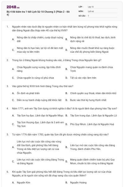 Bộ 4  Đề kiểm tra 1 tiết Lịch Sử 10 Chương 3 (Phần 2 - Đề 4)