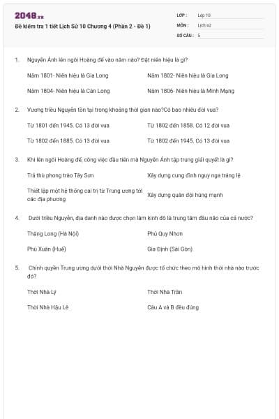 Đề kiểm tra 1 tiết Lịch Sử 10 Chương 4 (Phần 2 - Đề 1)