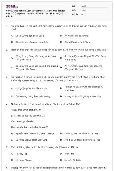 98 câu Trắc nghiệm Lịch Sử 12 Bài 13: Phong trào dân tộc dân chủ ở Việt Nam từ năm 1925 đến năm 1930 (P3) có đáp án
