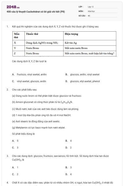 400 câu lý thuyết Cacbohidrat có lời giải chi tiết (P8)