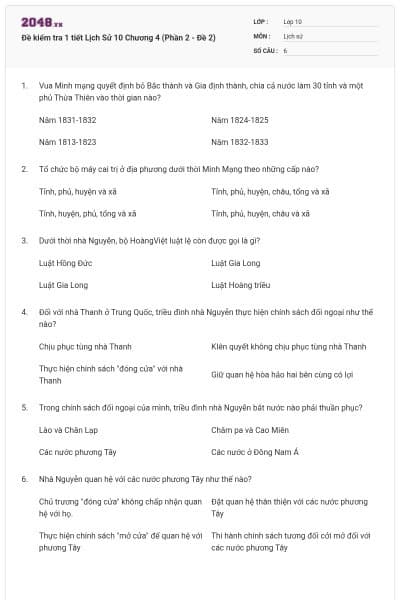 Đề kiểm tra 1 tiết Lịch Sử 10 Chương 4 (Phần 2 - Đề 2)