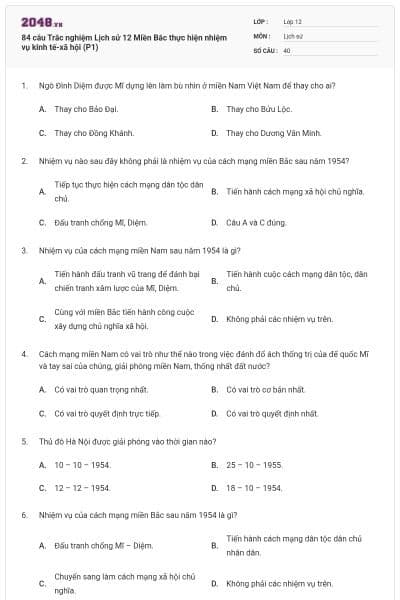 84 câu Trắc nghiệm Lịch sử 12 Miền Bắc thực hiện nhiệm vụ kinh tế-xã hội (P1)