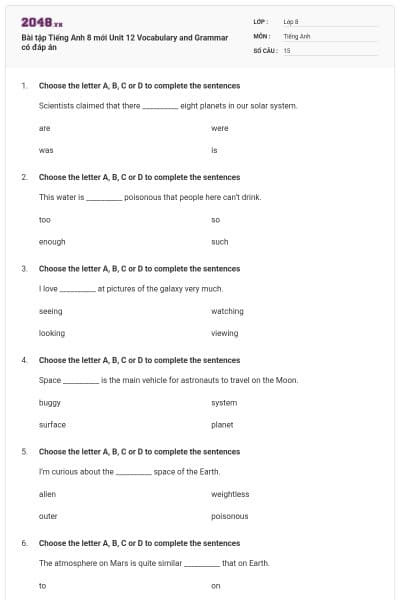 Bài tập Tiếng Anh 8 mới Unit 12 Vocabulary and Grammar có đáp án