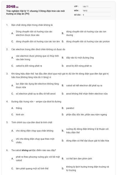 Trắc nghiệm Vật lý 11 chương 3 Dòng điện tron các môi trường có đáp án (P4)