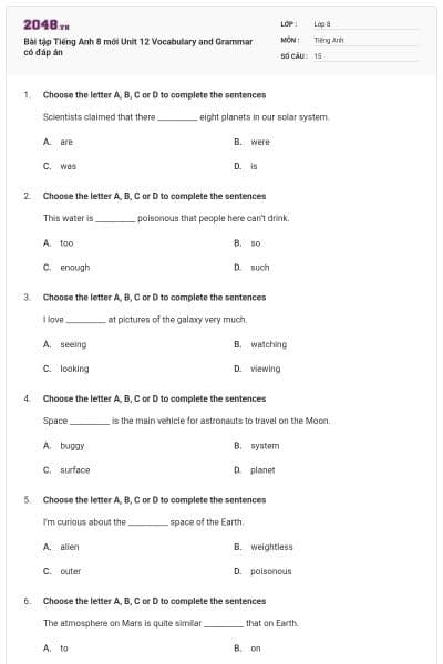 Bài tập Tiếng Anh 8 mới Unit 12 Vocabulary and Grammar có đáp án