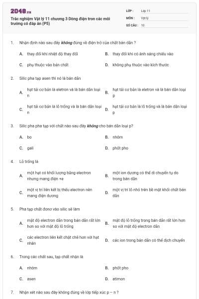 Trắc nghiệm Vật lý 11 chương 3 Dòng điện tron các môi trường có đáp án (P5)