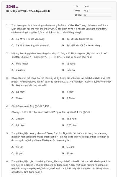 Đề thi Học kì 2 Vật Lí 12 có đáp án (Đề 4)