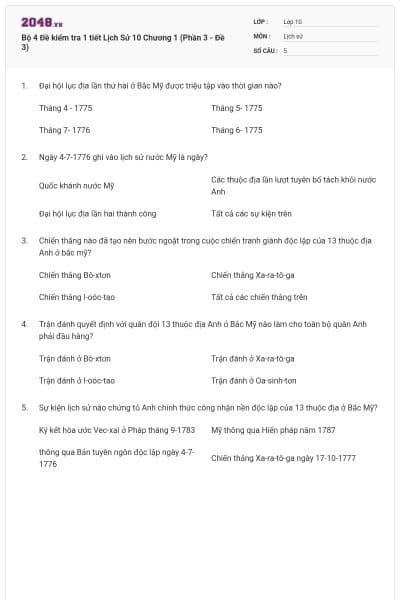 Bộ 4  Đề kiểm tra 1 tiết Lịch Sử 10 Chương 1 (Phần 3 - Đề 3)