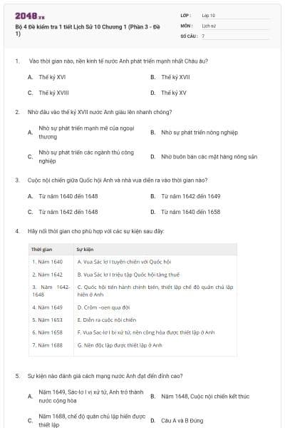 Bộ 4  Đề kiểm tra 1 tiết Lịch Sử 10 Chương 1 (Phần 3 - Đề 1)