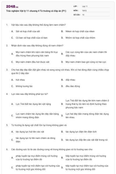 Trắc nghiệm Vật lý 11 chương 4 Từ trường có đáp án (P1)