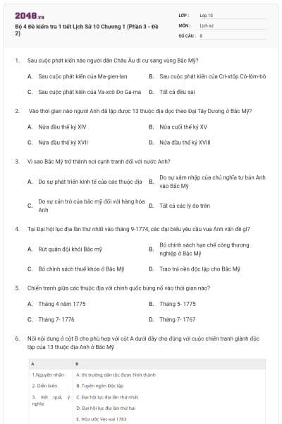 Bộ 4  Đề kiểm tra 1 tiết Lịch Sử 10 Chương 1 (Phần 3 - Đề 2)