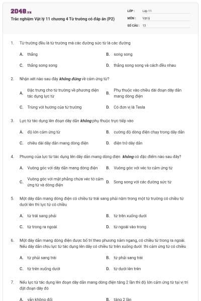 Trắc nghiệm Vật lý 11 chương 4 Từ trường có đáp án (P2)