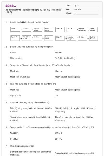 Bộ 4 Đề kiểm tra 15 phút Công nghệ 12 Học kì 2 (có đáp án - Đề 3)