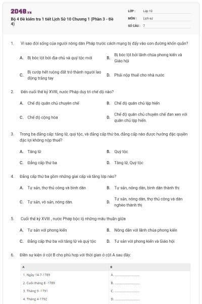 Bộ 4  Đề kiểm tra 1 tiết Lịch Sử 10 Chương 1 (Phần 3 - Đề 4)