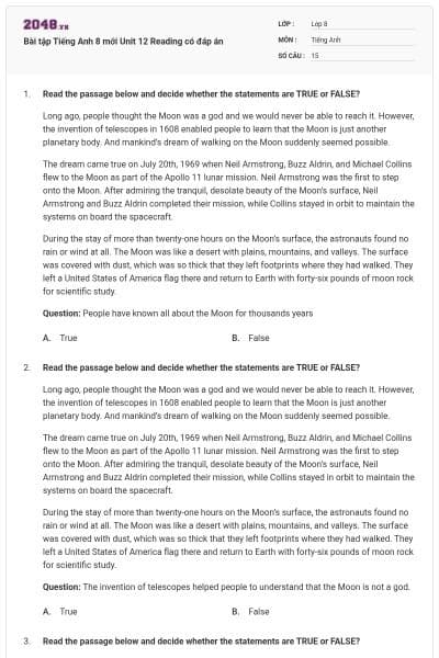 Bài tập Tiếng Anh 8 mới Unit 12 Reading có đáp án