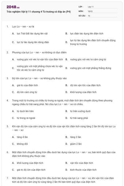 Trắc nghiệm Vật lý 11 chương 4 Từ trường có đáp án (P4)