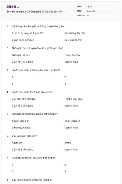 Bộ 4 Đề thi giữa kì 2 Công nghệ 12 (có đáp án - Đề 1)
