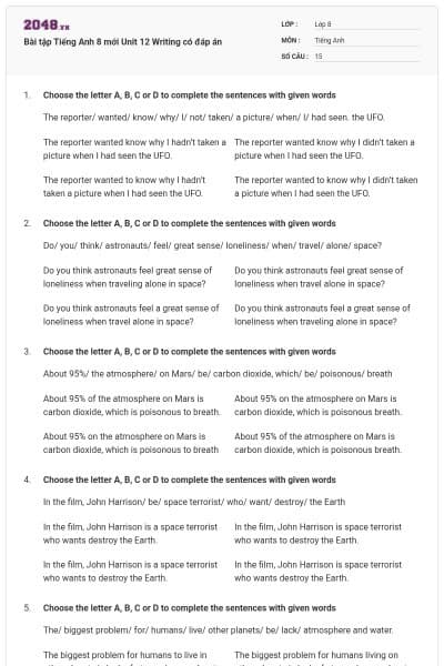 Bài tập Tiếng Anh 8 mới Unit 12 Writing có đáp án