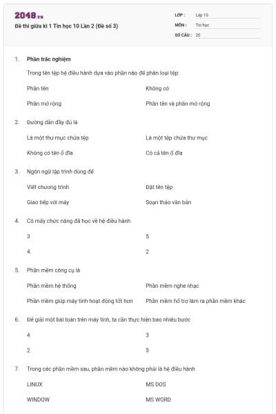 Đề thi giữa kì 1 Tin học 10 Lần 2 (Đề số 3)