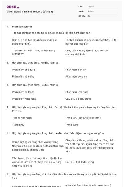 Đề thi giữa kì 1 Tin học 10 Lần 2 (Đề số 4)