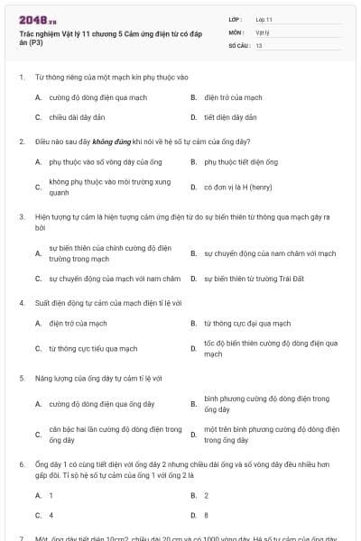 Trắc nghiệm Vật lý 11 chương 5 Cảm ứng điện từ có đáp án (P3)