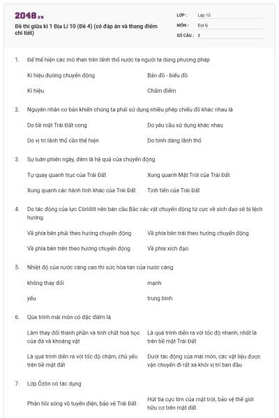Đề thi giữa kì 1 Địa Lí 10 (Đề 4) (có đáp án và thang điểm chi tiết)
