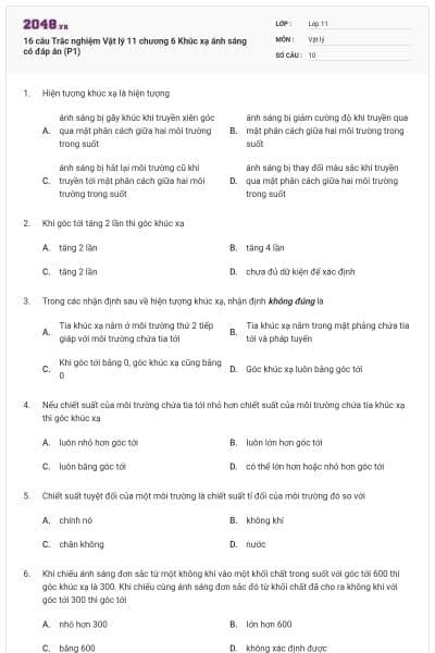 16 câu Trắc nghiệm Vật lý 11 chương 6 Khúc xạ ánh sáng có đáp án (P1)