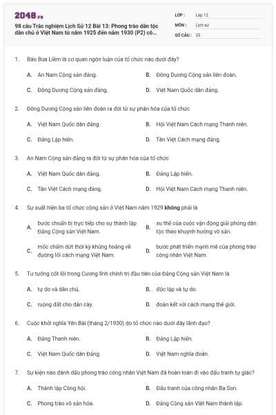 98 câu Trắc nghiệm Lịch Sử 12 Bài 13: Phong trào dân tộc dân chủ ở Việt Nam từ năm 1925 đến năm 1930 (P2) có đáp án