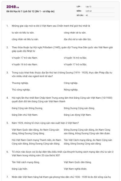 Đề thi Học kì 1 Lịch Sử 12 (Đề 1 - có đáp án)