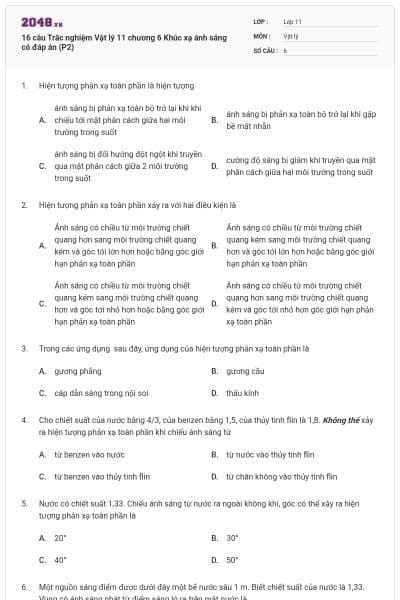 16 câu Trắc nghiệm Vật lý 11 chương 6 Khúc xạ ánh sáng có đáp án (P2)