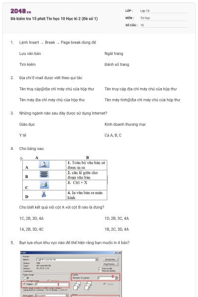 Đề kiểm tra 15 phút Tin học 10 Học kì 2 (Đề số 1)