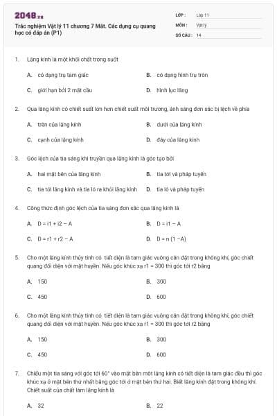 Trắc nghiệm Vật lý 11 chương 7 Mắt. Các dụng cụ quang học có đáp án (P1)