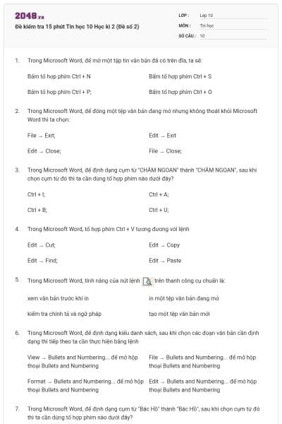 Đề kiểm tra 15 phút Tin học 10 Học kì 2 (Đề số 2)